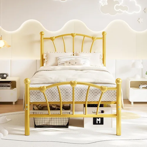 GarveeHome Marco de cama de tamaño individual, marco de cama de metal en forma de corazón con cabecera y estribo, marco de cama de plataforma con
