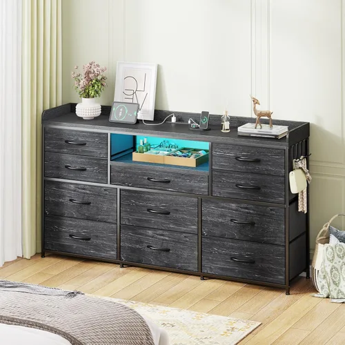 Miniatura 7 de Cómoda negra para dormitorio con luces LED y estación de carga y 4 ganchos, 11 cajones y cómodas de tela larga para TV de 50, 55, 60 pulgadas