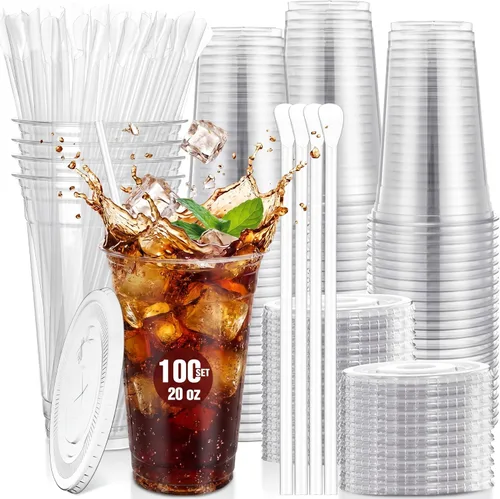 Miniatura 8 de Eaasty Juego de 150 vasos de plástico transparente de 16 onzas con cuchara, pajitas y tapas planas, desechables, para café helado, postre, yogur