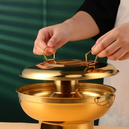 Miniatura 5 de Olla de acero inoxidable dorada duradera para fondue de postre, olla multiusos para frutas, perfecta para reuniones familiares, fiestas de Oro