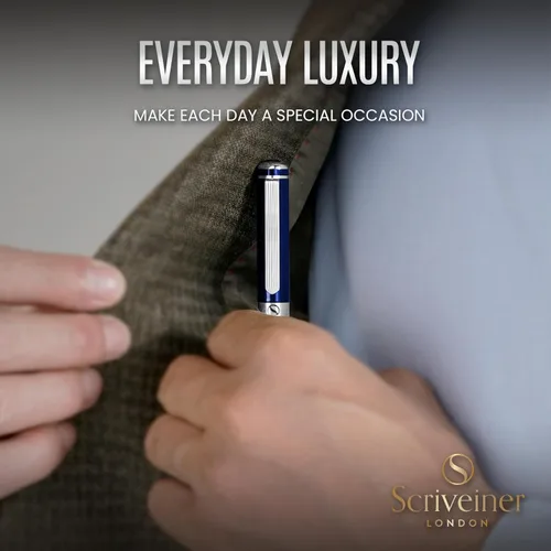 Miniatura 8 de Scriveiner Bolígrafo azul medianoche, impresionante bolígrafo de lujo lacado azul, acabado cromado, repuesto Schmidt negro, el mejor juego de regalo