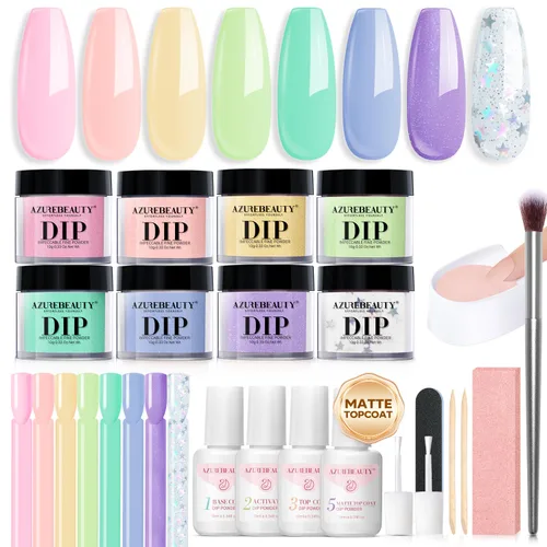 Miniatura 16 de AZUREBEAUTY Kit de uñas en polvo de inmersión, gelatina translúcida blanca lechosa, rosa desnudo, neutro, claro, 8 colores, juego de polvo