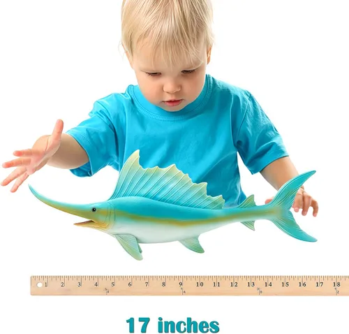 Miniatura 5 de Gemini&Genius Figura de acción de pez vela de animales marinos, juguete de baño de goma suave, pez espada realista del océano, juguetes educativos