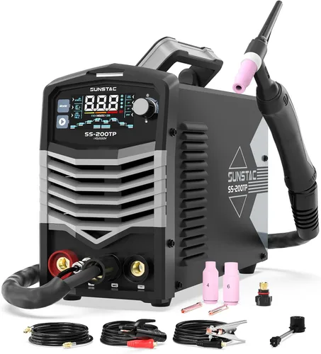 Sunstac Soldador TIG de 200 A con pulso, 110 V/220 V de doble voltaje, máquina de soldadura DC TIG/TIG de pulso/TIG puntual/Stick 3 en 1, pantalla