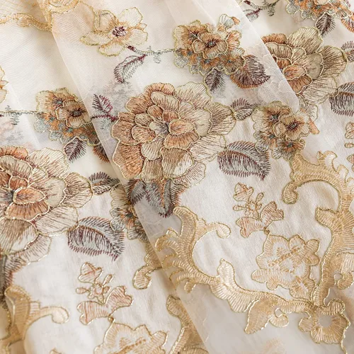 Miniatura 4 de ELKCA Cortina de Chenille Bordada Beige de Estilo Europeo para Sala de Estar, Elegantes Cortinas Florales de Chenille para Dormitorio, Parte