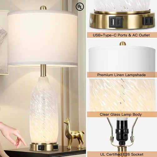 Miniatura 7 de Rinweey 26" Modern Clear Glass Table Lamp Nightstand Lamp with USB A+C Ports & AC Outlet,Bedside Lamps with 3-Way Dimmable Touch Control Night Light