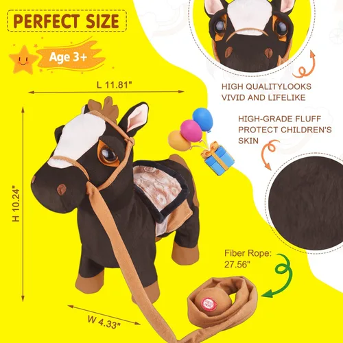 Miniatura 5 de HCdoujoy Poni Negro de Peluche Interactivo que Camina, Juguete de Poni que Canta y Baila, Musical, Realista, Juguete de Caballo de Peluche