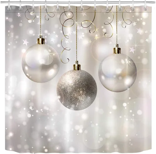 Miniatura 9 de LB Cortina de ducha de Feliz Navidad para baño, bola de Navidad azul marino y cortina de ducha de tela de copo de nieve blanco con ganchos, juego