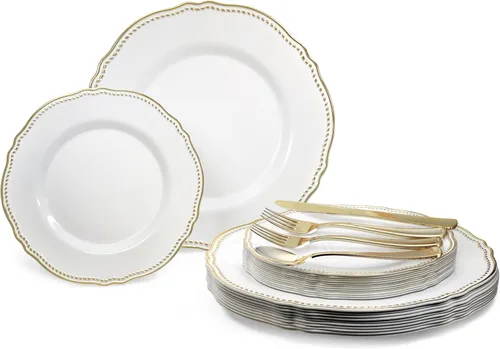 Miniatura 10 de OCCASIONS" Paquete de 50 platos (25 invitados) - Juego de platos de plástico desechables resistentes para fiestas de boda - 25 x 10.25'' para cena