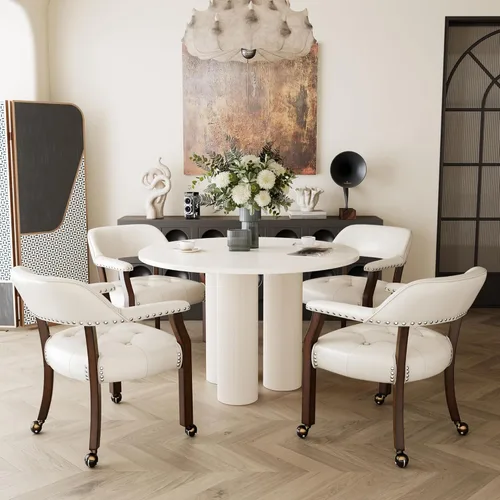 Miniatura 38 de Juego de 8 sillas de cuero de comedor con ruedas y brazos, silla de capitán Accent con ruedas, sillas de madera con ruedas enrollables para cocina