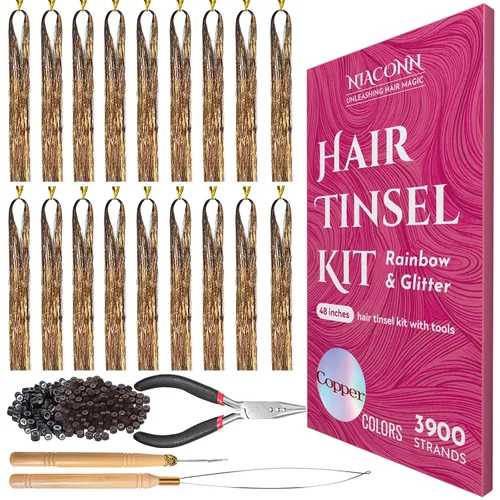 Miniatura 12 de NIACONN Kit de extensiones de oropel con purpurina de 18 colores con herramientas y cuentas, 48 pulgadas, mechones de tracción brillantes de hadas