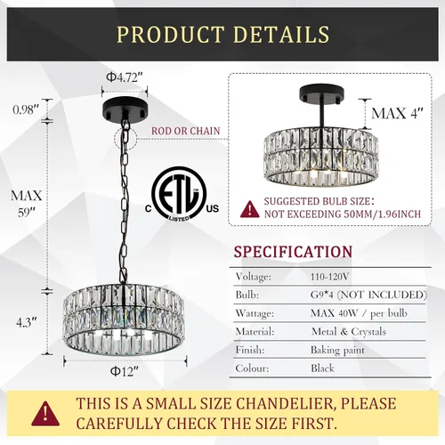 Miniatura 2 de Lámpara Colgante de Cristal de 4 Luces Araña Moderna Negra Pequeña de 12" Cristal Semi Empotrada Luz de Techo Redonda para Isla de Cocina, Negro