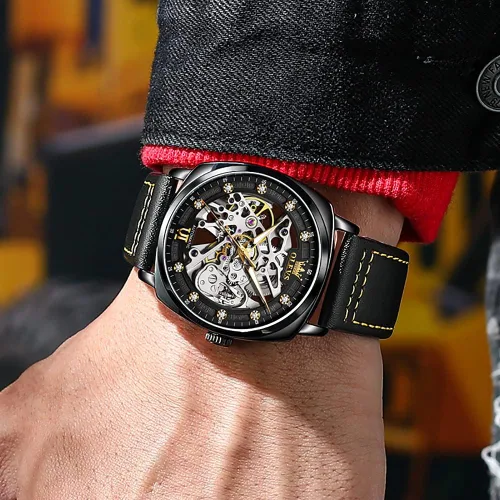 Miniatura 3 de OUPINKE Relojes automáticos de esqueleto para hombre, mecánica, cuerda automática, correa de cuero elegante, estilo steampunk, luminoso