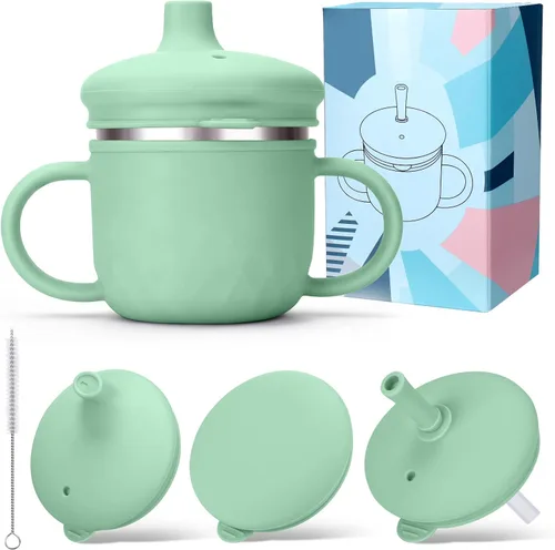 Miniatura 9 de BUSOHA Vasos para sorber de acero inoxidable, 3 en 1 de silicona para niños pequeños, vaso de paja para bebés con cepillo para niños con tapa