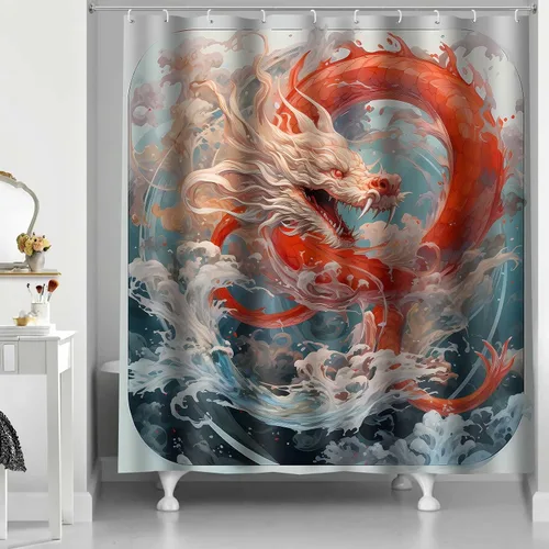 Miniatura 10 de YLOKPA0717 - Cortina de ducha de dragón japonés con ganchos, enorme ola de mar, cortina de baño de dragón rojo, 36 x 72 pulgadas, decoración de baño