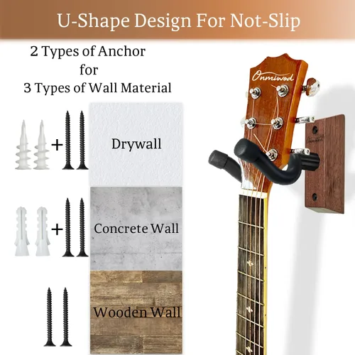 Miniatura 3 de Soporte de pared para guitarra, paquete de 3, colgador de guitarra de madera dura de acacia, soporte de pared para guitarra en forma de U, soporte