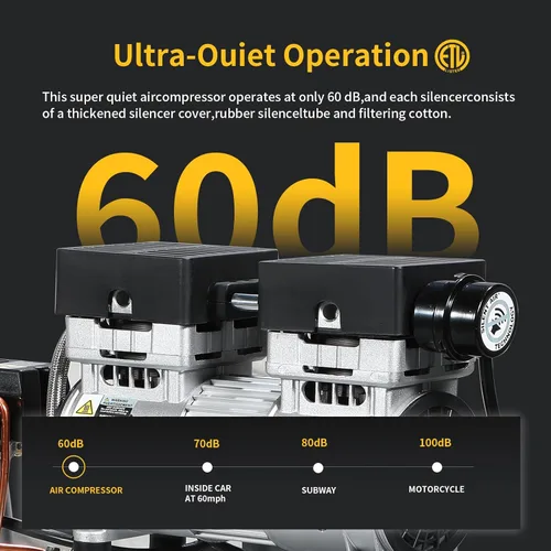 Miniatura 3 de Compresor de aire portátil de 2 galones 0.75HP 1.7 CFM@90PSI 60dB Compresor de aire ultra silencioso sin aceite para inflar neumáticos Herramienta