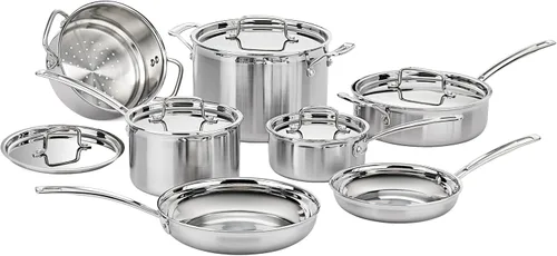 Cuisinart MultiClad Pro - Juego de utensilios de cocina de acero inoxidable de triple capa de 12 piezas, tecnología envolvente de calor, asas Cool