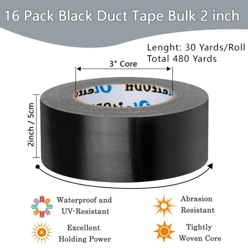 Miniatura 2 de Paquete de 16 cintas adhesivas negras resistentes a granel, 2 pulgadas x 30 yardas, cinta adhesiva fuerte sin residuos para todo tipo de clima
