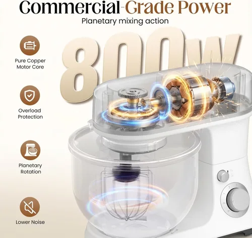 Miniatura 2 de Batidora de pie de 800W con tazón de 5.3QT, 6 velocidades con pulso, batidora eléctrica de cocina, batidora de alimentos con gancho para masa, Blanco