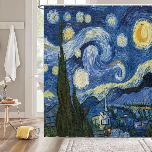 Cortina de ducha pequeña, noche estrellada, pintura al óleo azul, arte abstracto, cielo azul, nube, estrella, luna, paisaje, RV, baño, decoración de