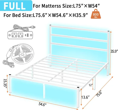 Miniatura 2 de CLIBFENG Marco de cama tamaño completo con cabecero, soporte de listones de acero resistente - Marco de cama LED con estación de carga USB, base