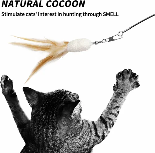 Miniatura 6 de uahpet Juguetes de plumas naturales para gatos de interior, varita retráctil para gatitos, 60 pulgadas, distancia de caza segura, juguetes
