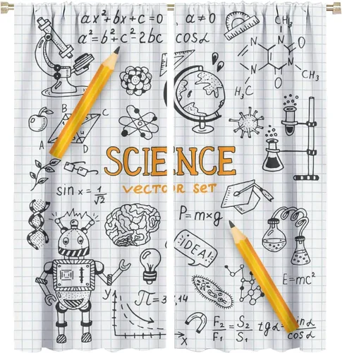 Miniatura 86 de Cortinas opacas para ventanas de ciencia para niños, lupa de libro de laboratorio de ciencia, lupa, frascos moleculares, cortinas impresas
