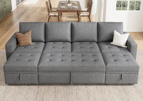 Miniatura 27 de HONBAY Sofá cama modular modular con cama extraíble, sofá en forma de L con asiento de almacenamiento, sofás seccionales para sala de estar, beige