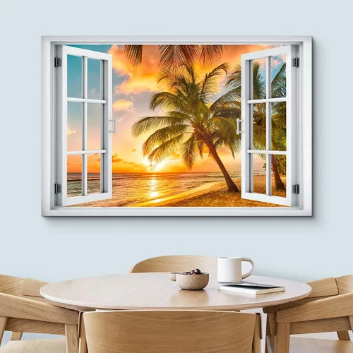Miniatura 3 de wall26 - Cuadro en lienzo para pared, vista de ventana, atardecer neón, cielo, palmera tropical, playa, naturaleza, desierto, fotografía, realismo