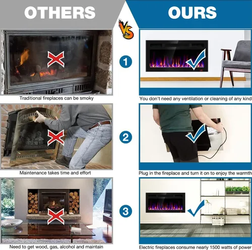 Miniatura 8 de Chimenea eléctrica de 31 pulgadas empotrada y montada en la pared, calentador de chimenea y chimenea lineal, chimenea eléctrica ultrafina, bajo