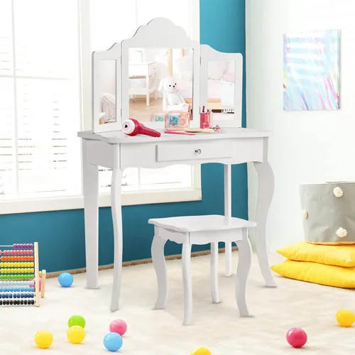 Miniatura 6 de HONEY JOY Juego de tocador para niños con espejo, mesa de tocador de madera 2 en 1 con taburete, espejo plegable y cajón, parte superior extraíble