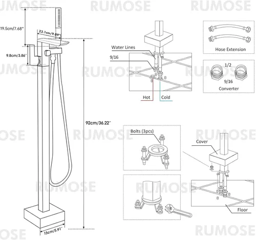 Miniatura 6 de RUMOSE Llenador de bañera negro mate, relleno de bañera independiente, grifo de bañera de montaje en cascada, grifo de bañera de latón de alto flujo