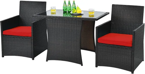 HAPPYGRILL Juego de muebles de patio de 3 piezas, juego de mimbre de ratán PE para exteriores, con cojines lavables y mesa de vidrio templado, para