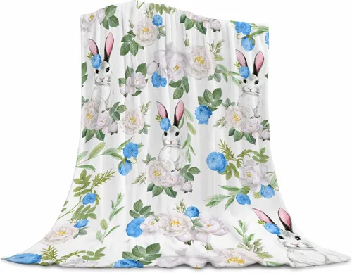Miniatura 18 de Manta de conejo de Pascua súper suave de franela con elemento de Pascua, linda cola de conejo, huevos coloridos, árbol verde azulado, manta cálida