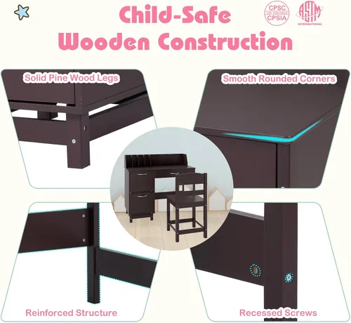 Miniatura 6 de Costzon Juego de escritorio y silla para niños, escritorio de estudio de madera para estudiantes con aparador, cajón de almacenamiento y gabinetes