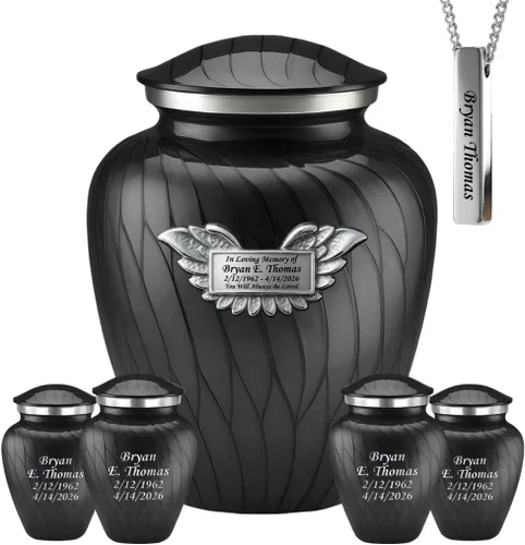 Miniatura 14 de Juego de 6 urnas funerarias decorativas negras y doradas personalizadas/grabadas para cenizas humanas, hombres y mujeres, con 1 urna grande