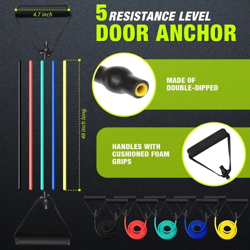 Miniatura 4 de Leyndo 5 bandas de resistencia para ejercicio con asas, tubo de resistencia física, bandas de entrenamiento con anclaje de puerta para hombres