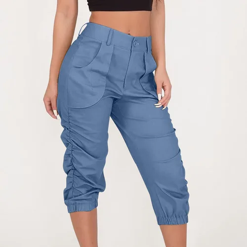 Miniatura 2 de Pantalones capri para mujer, estilo cargo, casual, de verano, talla grande, pantalones capri ligeros, atléticos, holgados, elásticos, recortados