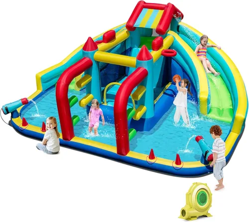 Miniatura 13 de HONEY JOY Tobogán acuático inflable con soplador de 680 W, tobogán largo doble gigante/casa de rebote/pared de escalada/carrera de obstáculos, cañón