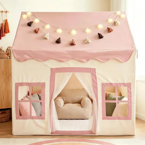 Miniatura 12 de Little Dove Tienda de campaña para niños con alfombra, luces de estrella, guirnalda de borlas, casa de juegos para niños con ventanas fáciles