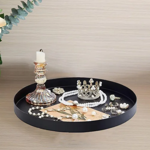 Miniatura 3 de Bandeja redonda de metal negro para velas, bandeja de servir decorativa para decoraciones modernas de hogar de granja (11.8")