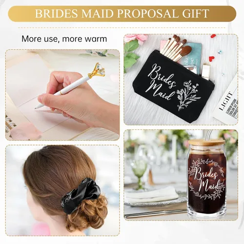 Miniatura 5 de Umigy Juego de 5 vasos de cristal para dama de honor, incluye taza de vidrio con tapa, bolsa de maquillaje, coleteros para el cabello, bolígrafos