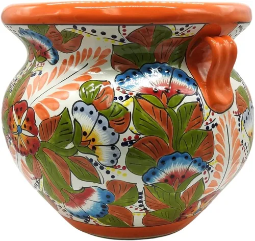 Miniatura 4 de Michoacana - Maceta mediana pintada a mano, para interiores y exteriores, multicolor Naranja