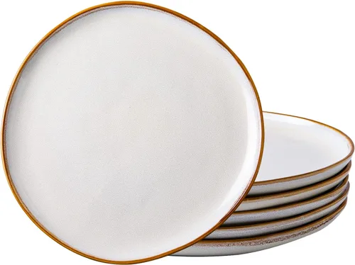 AmorArc Juego de 6 platos llanos de cerámica de 10.5 pulgadas, hechos a mano, esmalte reactivo, juego de vajilla grande de forma rústica para Blanco