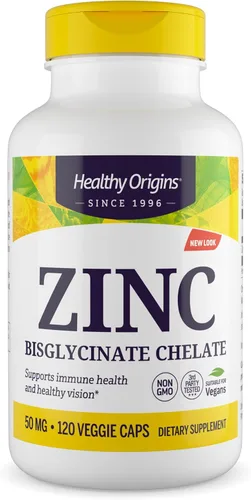 Healthy Origins Quelato de bisglicinato de zinc de 50 mg, 120 cápsulas vegetales – Con Albion Minerals TRAACS High Biodisponibilidad Complex, apoya