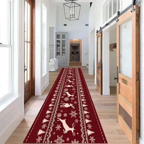 Miniatura 10 de Alfombra de pasillo de Navidad, 1.3 x 7 pies, alfombra de pasillo de renos con copos de nieve, color blanco, alfombra de pasillo estilo bohemio rojo