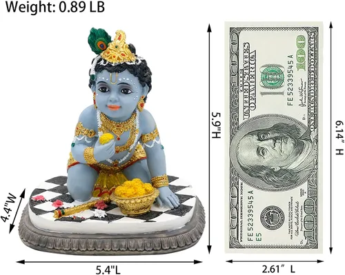 Miniatura 5 de alikiki Estatua de ídolo de bebé Krishna – 5.9 pulgadas de alto dios hindú Laddu Gopal arrodillado disfruta de Laddus India Murti Artículo