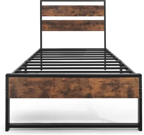 Miniatura 8 de CAPHAUS Base de cama de metal con cabecera y estribo de madera, plataforma de metal con marco de acero de primera calidad, base de colchón, sin