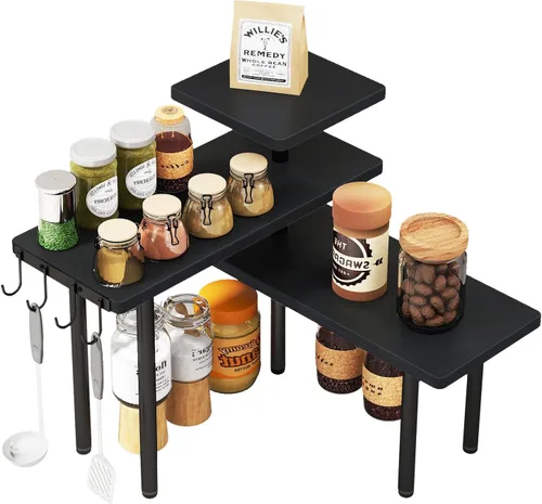 IBUYKE Organizador de encimera, estantes de especias de 3 niveles, estante de esquina de encimera de cocina, 4 ganchos laterales, estante ajustable